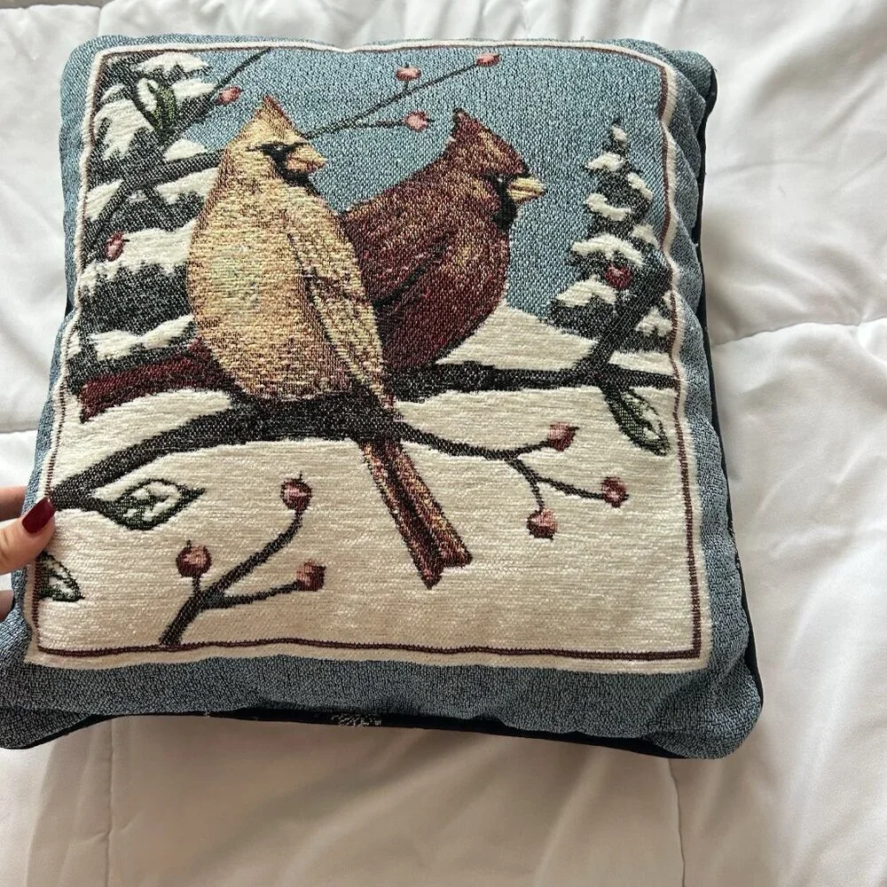 Vtg Cardinal Needlepoint‎ Accent Throw Pillow Winter Forest Blue Red Birds